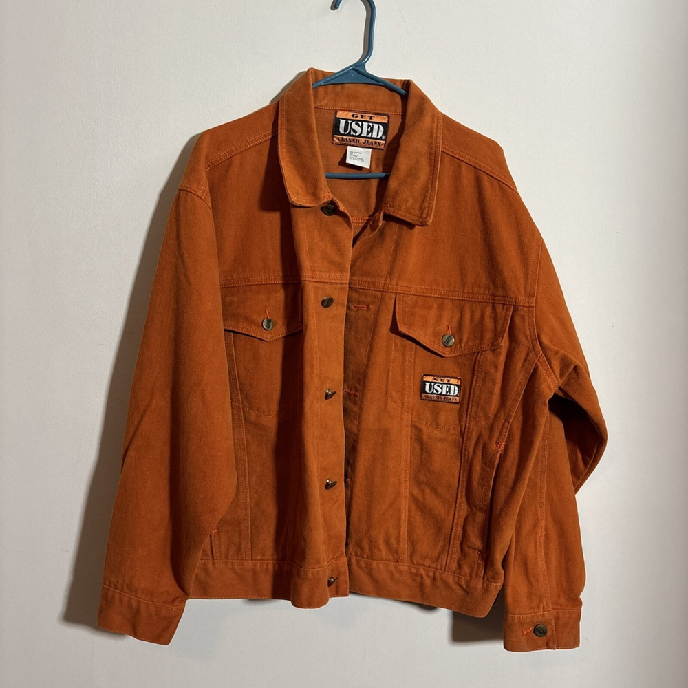 EUC VINTAGE MEN’S GET USED CLASSIC JEANS COTTON JACKET SIZE LARGE L ORANGE 80s 9